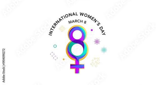 International women's day march 8th colorful logo with rainbow symbol and snowflakes