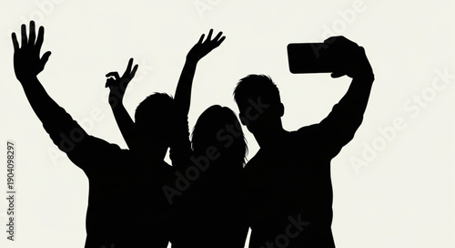 Silhouette of three friends taking a selfie together happily.