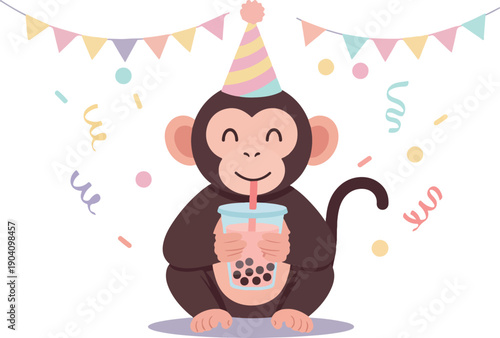 Cute Monkey Birthday Party Drinking Boba Tea Vector Illustration