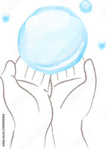 水彩で描いた水を包む手のイラスト