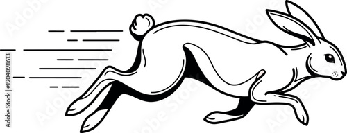 Energetic Illustrated Rabbit Leaping Forward with Speed Lines on White Background