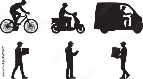 Black silhouettes of delivery people riding bicycle, motorcycle, van and walking with boxes, isolated on transparent background.