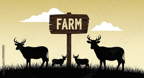 Silhouette of deer family standing near a farm sign.