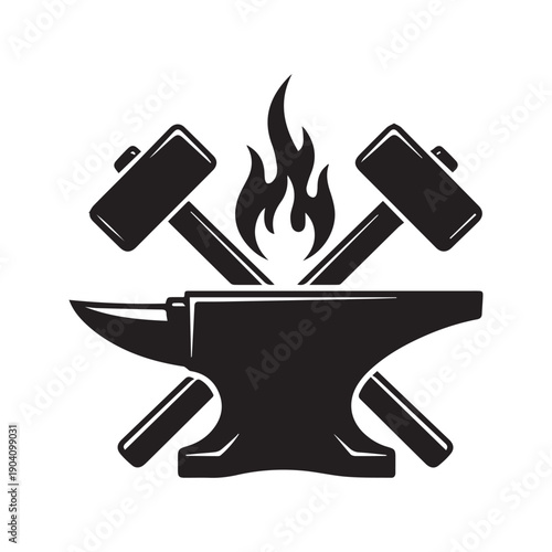 Blacksmith Anvil Icon with Crossed Hammers and Fire Flame Silhouette for Industrial Forge or Metalwork Logo
