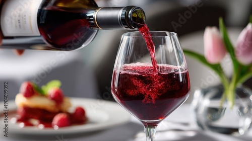 A hand pours crimson wine into a crystal glass with food and flowers in the bokeh