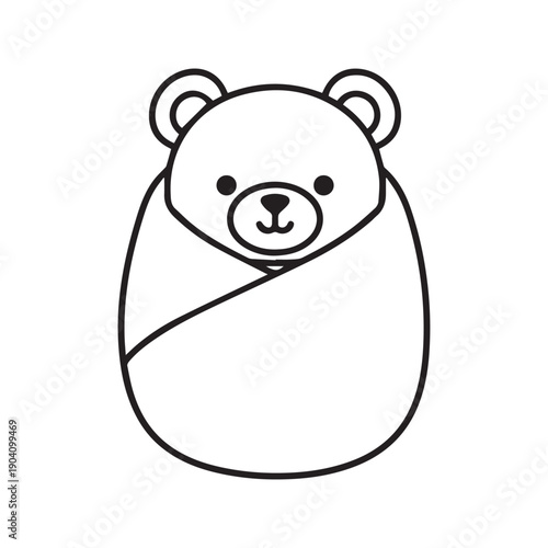 Cute baby bear wrapped in a cozy blanket line art illustration. Simple hand drawn doodle of swaddled bear cub for coloring book or nursery decor.

