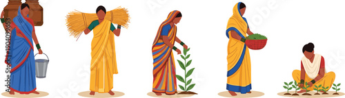 Set of Indian women in traditional sarees performing rural agricultural work harvesting and carrying water flat vector illustration