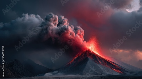 Active volcano erupts, spewing molten lava and ash into a dramatic, stormy sky