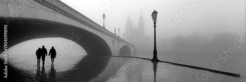 Black and white scene of people walking near a bridge and lamppost shrouded in thick fog