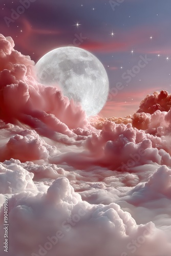 A large, radiant moon shines through fluffy, pink-tinged clouds in a twilight sky