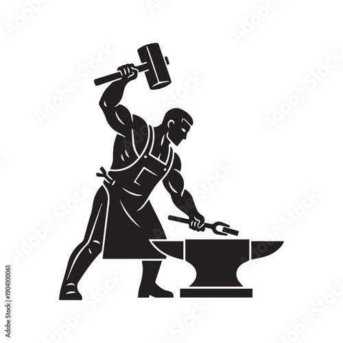 Blacksmith Silhouette Working at Anvil with Hammer, Industrial Metalwork Forge and Craftsmanship Icon
