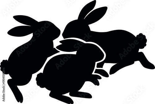 Three Black Rabbit Silhouettes Leaping on Clean White Background
