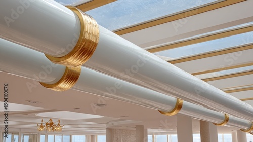 Glossy white beams with golden accents form a luxurious, light-filled ceiling