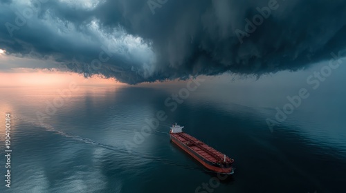 A tanker sails beneath a massive, ominous storm cloud reflecting in the water