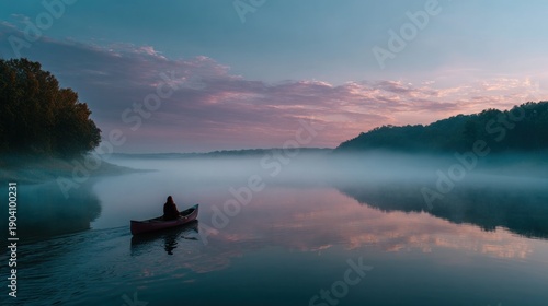 Serene canoeist glides across misty lake at dawn; mirroring sky & trees