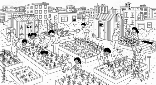 Crowded Rooftop Scene with People and Buildings.