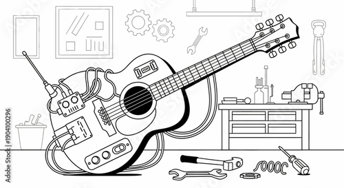 Guitar Repair Tools and Equipment Surrounding.