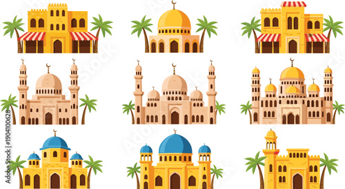 Flat vector illustration set of nine Islamic buildings featuring mosques with domes, minarets, traditional houses, and palm trees
