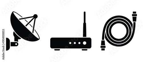 Satellite dish vector icon router antenna cable network internet communication wireless technology and connection