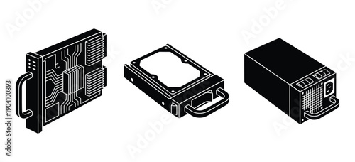 Set of server rack with circuit board hard drive and power supply on transparent background