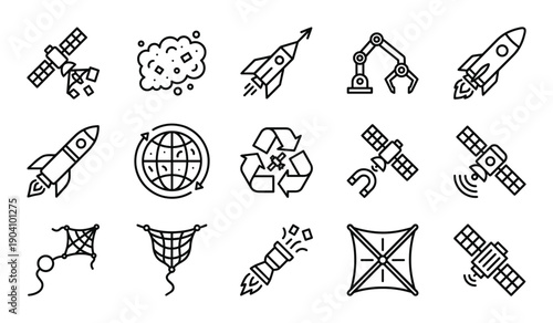 Space exploration outline vector set with planet, satellite, rocket, astronaut and telescope