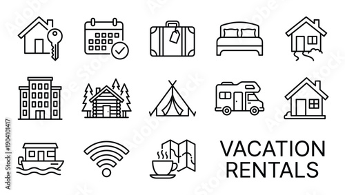 Vacation rentals line icons for holiday accommodation travel booking and seasonal tourism services
