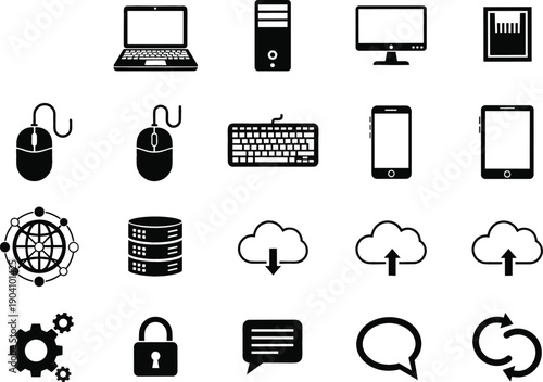 Set of computer hardware and cloud computing icons with laptop server smartphone and data network symbols for IT