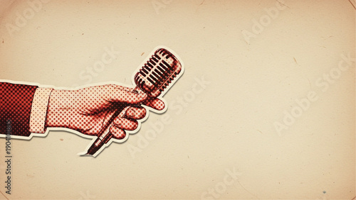 Nostalgic Hand Gripping a Classic Microphone in a Pop Art Halftone Style