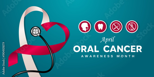 April is Oral Cancer Awareness Month. Ribbon, stethoscope, human, oral, no smoking and alcohol. Great for cards, banners, posters, social media and more. Green background.