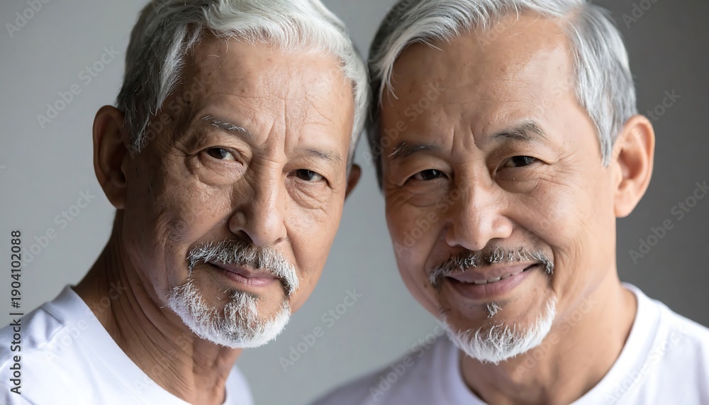 custom made wallpaper toronto digitalTwo elderly Asian men with gray hair and beards smiling together.