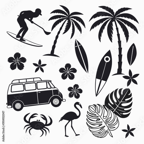A collection of summer icons and symbols in black and white Vector