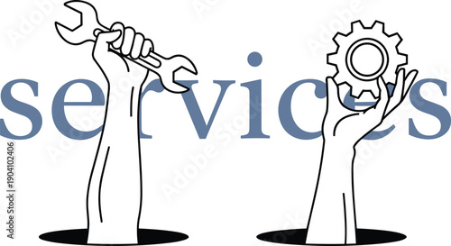 Flat vector illustration of mechanical service arm holding wrench and engineering service arm holding gear with services text background