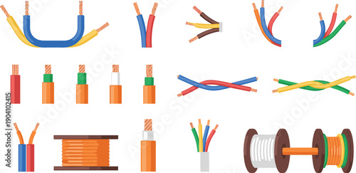 Set of electrical cables and copper power wires in various colors with spools for construction and industrial design