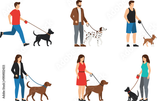 Set of people walking dogs of different breeds in various outdoor activities flat vector illustration isolated on white