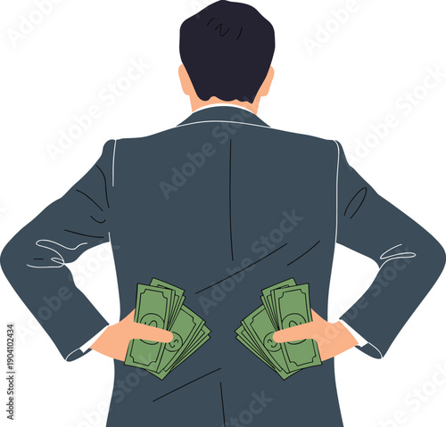 Businessman Hiding Two Fans of Money Behind His Back, Concept of Financial Secrecy, Corporate Duplicity, Unethical Gain, and Hidden Agendas Vector Illustration