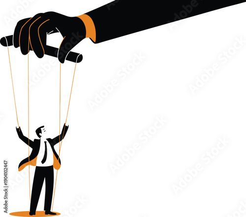 Businessman as a Marionette Controlled by a Giant Hand, Concept of Institutional Manipulation, Puppet Leadership, Loss of Professional Autonomy, and Corporate Governance Vector Illustration