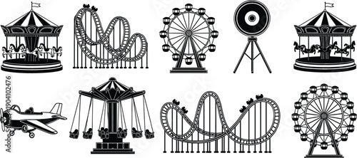 Set of amusement park silhouettes with roller coaster ferris wheel and carousel icons for carnival and entertainment design