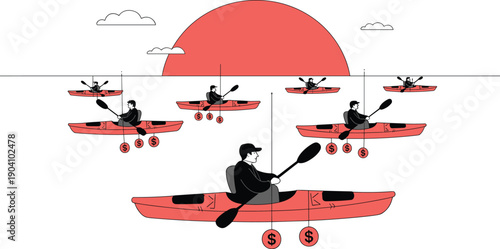 Kayakers Fishing for Money in a Vast Sea at Sunset, Concept of Competitive Financial Navigation, Market Endurance, Investment Streams, and Economic Opportunity Vector Illustration