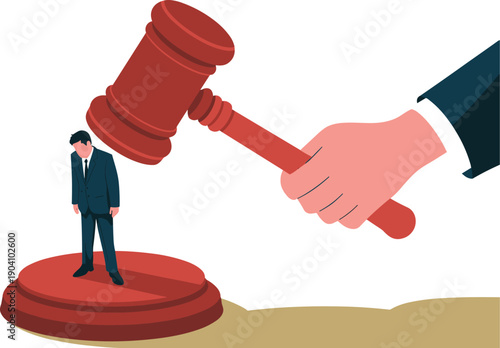 Small Businessman Bowing Head beneath a Giant Descending Gavel, Concept of Judicial Consequence, Legal Accountability, Institutional Authority, and Litigation Stress Vector Illustration