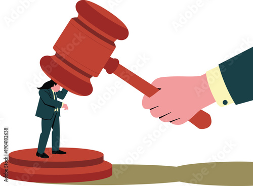 Small Businesswoman Shielding Herself from a Giant Descending Gavel, Concept of Legal Intimidation, Judicial Power, Litigation Stress, and Institutional Pressure Vector Illustration