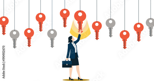 Businesswoman Reaching for a Glowing Red Key Among Many Options, Concept of Strategic Opportunity, Identifying Solutions, Career Breakthrough, and Problem-Solving Success Vector Illustration