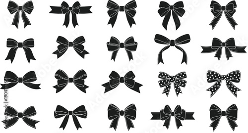 Set of black bow silhouettes and ribbon knots in various styles for gift wrapping and decorative stationery design