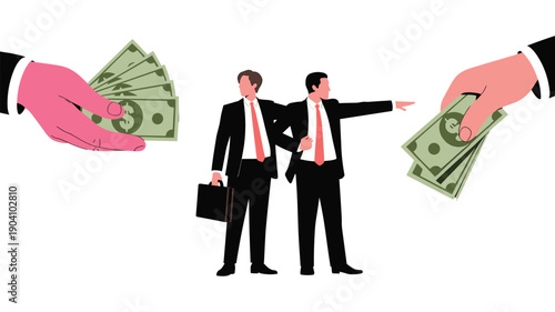 Businessmen Redirecting Wealth Between Large Hands Holding Money, Concept of Strategic Investment, Financial Advisory, Capital Allocation, and Economic Guidance Vector Illustration