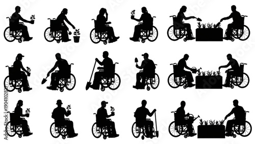 Empowering silhouettes Diverse individuals in wheelchairs embracing hobbies and community engagement