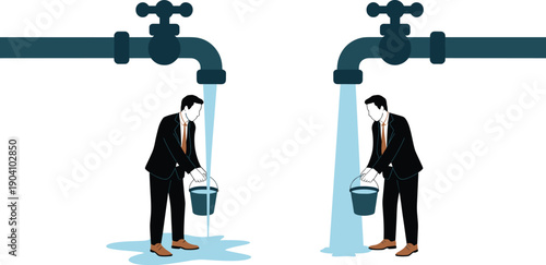 Two Businessmen with Leaky Buckets Under Large Water Faucets, Concept of Resource Inefficiency, Economic Loss, Systemic Failure, and Unproductive Labor Vector Illustration