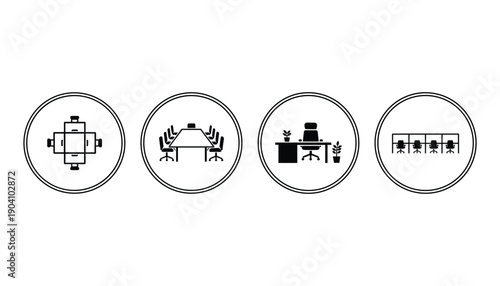Office furniture layout icons for interior planning and workplace organization design visualization