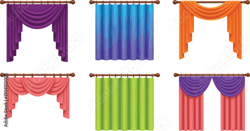 Set of elegant window curtains in various styles and colors for interior home decor and luxury room design