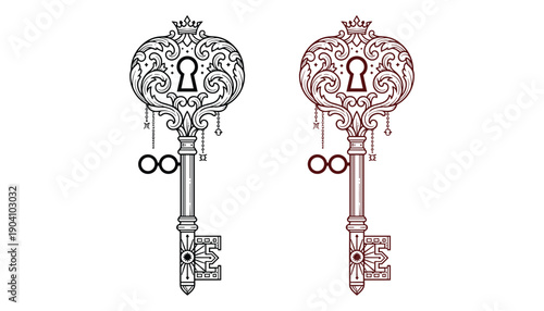 Ornate vintage key drawing black red decorative antique design vector ancient medieval style luxury art