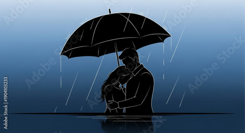 Silhouette of a person holding an umbrella in the rain.