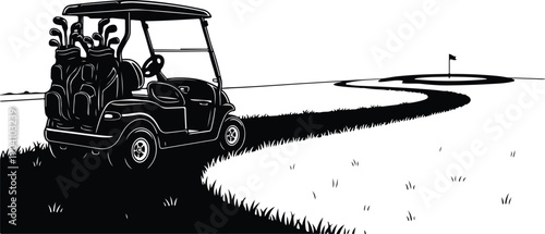 Black and white illustration of a golf cart on a course with a flag
